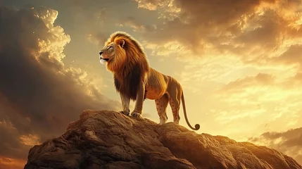  A majestic lion standing on a rocky hill under a dramatic sky, with golden light highlighting the scene. © Watanabe