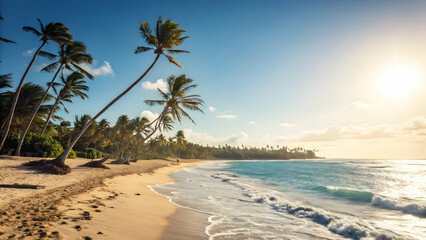 Serene Beach Landscape with Palm Trees and Gentle Waves at Sunrise