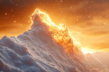 A fiery mountain peak glows under a starry, orange sky, a surreal and otherworldly scene.