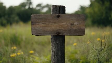 Naklejka premium Horizontal wooden plank sign mounted on a rustic wooden pole in a meadow.