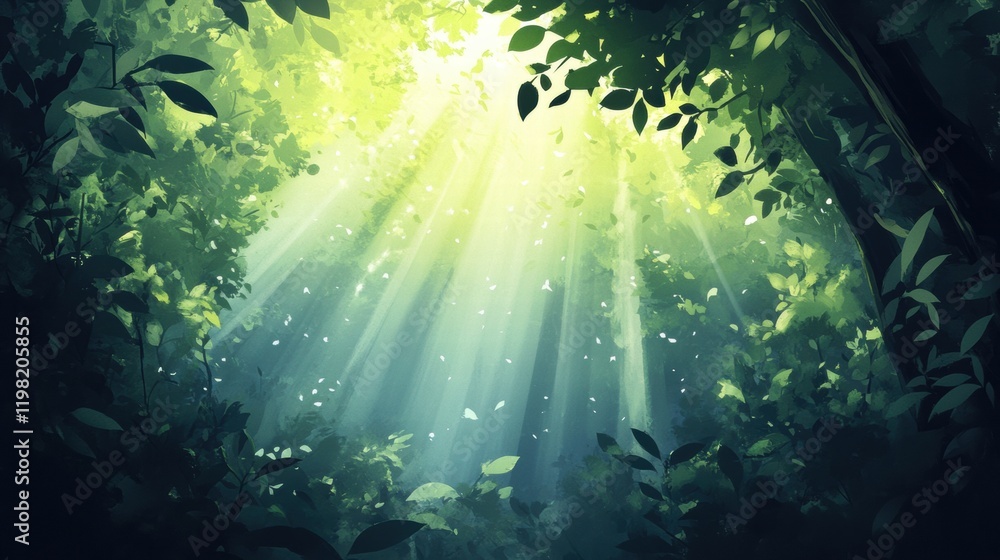 Poster Sunlight filters through leaves in a tranquil green forest creating a peaceful and serene atmosphere. Generative AI