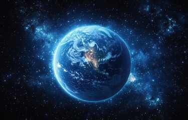 Earth from Space Panoramic View Cosmic Background with Stars and Sunrise Over Planet