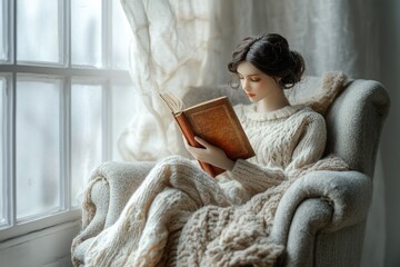 A doll in a cozy armchair by a window, engrossed in reading an antique book.