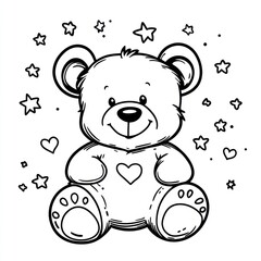 Obraz premium Teddy bear outline with heart and stars, for coloring pages, children's activities