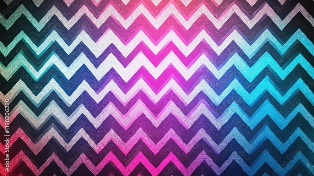 Poster neon zigzag pattern glowing in alternating colors on a minimalist background.