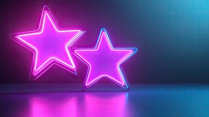 Fototapeta premium Purple neon stars glowing on a soft, gradient black and blue background.