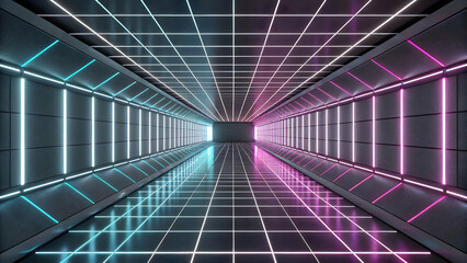 Futuristic Neon Light Corridor with Glossy Floor and Walls