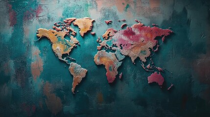 A modern world map with vibrant colors, placed against a textured background.
