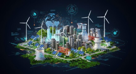 Sustainable Cityscape: A futuristic 3D rendering showcasing a thriving metropolis powered by renewable energy sources like wind turbines and solar panels.