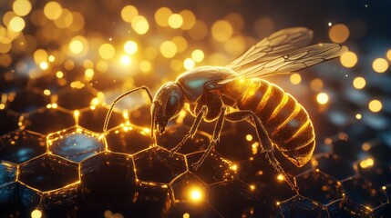 Golden bee on honeycomb with bokeh lights.
