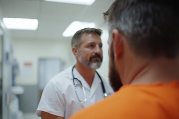 Fototapeta premium A healthcare professional consulting an inmate in a medical facility, showcasing the crucial intersection of healthcare and the criminal justice system in a compassionate manner.