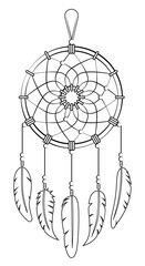 Dreamcatcher. Vector illustration of dreamcatcher with threads and beads, ethnic talisman template with fans on the background. Coloring page.