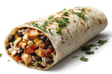 A delicious chicken burrito filled with rice, beans, corn, and salsa, garnished with cilantro.