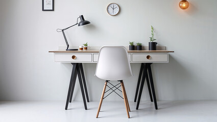 Modern minimalist home office is featuring a white desk and chair with a black lamp