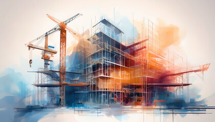 A modern construction site featuring a partially built structure with cranes and scaffolding. The background incorporates elements of AI technology, like digital blueprints