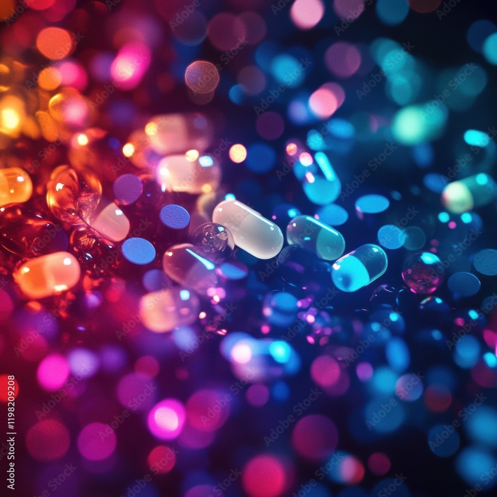Poster colorful abstract view of antibiotics interacting with bacteria under a microscope in a laboratory s
