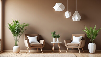 Modern living room, featuring minimalist furniture and decoration. The spacious design includes plenty of copy space for home design customizations