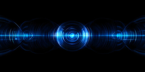 Abstract background with blue light needles and energy circles on a black background. Technological design. sound vibrations or digital vibrations