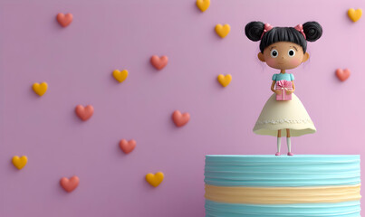 Girl, gift, hearts, pastel background, cake, celebration