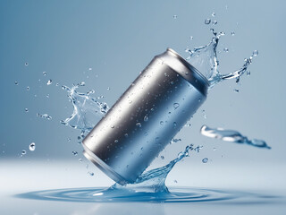Realistic image of a blank white aluminum can splashing into clear water, with droplets frozen mid-air against a blue gradient background.