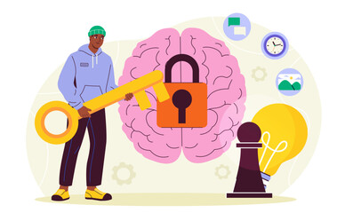 Key to brain. Man with golden key to mind. Mental and psychological health, intelligence. Inner peace and freedom. Creative decision and solution. Flat vector illustration