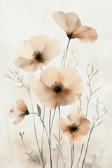 Delicate beige watercolor flowers on light background