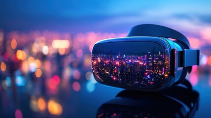 A sleek virtual reality headset reflecting a vibrant cityscape at night, showcasing a blend of technology and urban life.
