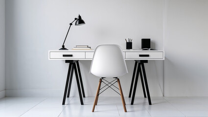 Modern minimalist home office is featuring a white desk and chair with a black lamp