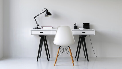 Modern minimalist home office is featuring a white desk and chair with a black lamp