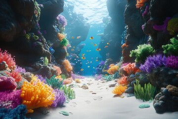 A vibrant underwater scene featuring colorful corals and diverse fish swimming through a serene ocean channel.