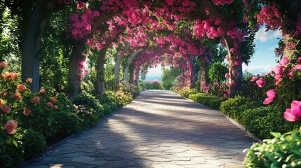 A picturesque garden pathway lined with blooming flowers, inviting tranquility and romance.
