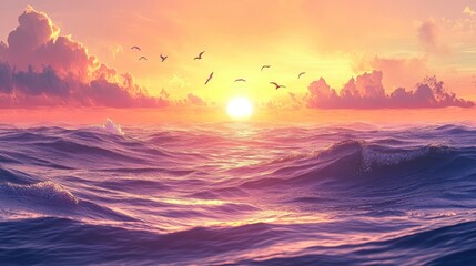 Vibrant sunset over ocean waves with birds flying.