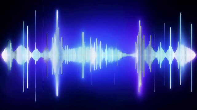 A vibrant audio waveform glowing in blue and purple neon hues on a dark background, symbolizing sound, music, and technology.
