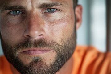 Fototapeta premium A captivating close-up of a focused man's blue eyes and serious expression, representing determination, character, and emotional depth against a soft background.