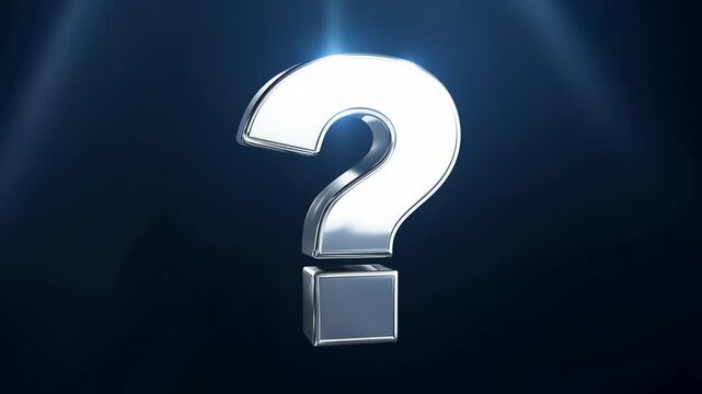 A metallic silver question mark symbol on a dark gradient background, representing curiosity, uncertainty, and inquiry in design, 4k video footage
