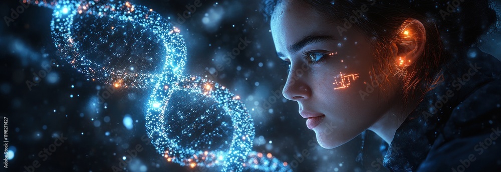 Poster futuristic scientist in laboratory interacting with glowing dna helix and digital analysis interface
