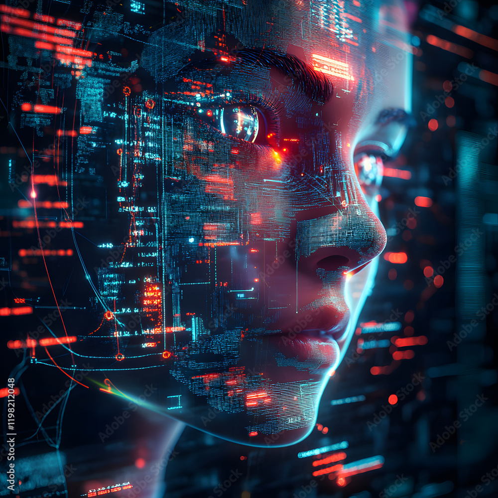 Poster image of a girl with a hologram of a digital network and connections. technological design. interact