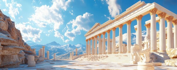 Fototapeta premium A grand ancient temple with majestic columns under a bright blue sky, surrounded by mountains and clouds, evoking a sense of history and beauty.