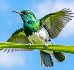 Obraz premium A bird with green and white feathers perched on a green plant stem. The bird appears to be spreading its wings.