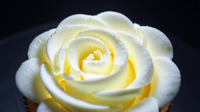 Dolly out video, spotlight, of a single, perfectly piped rosette of buttercream frosting, the intricate details are visible