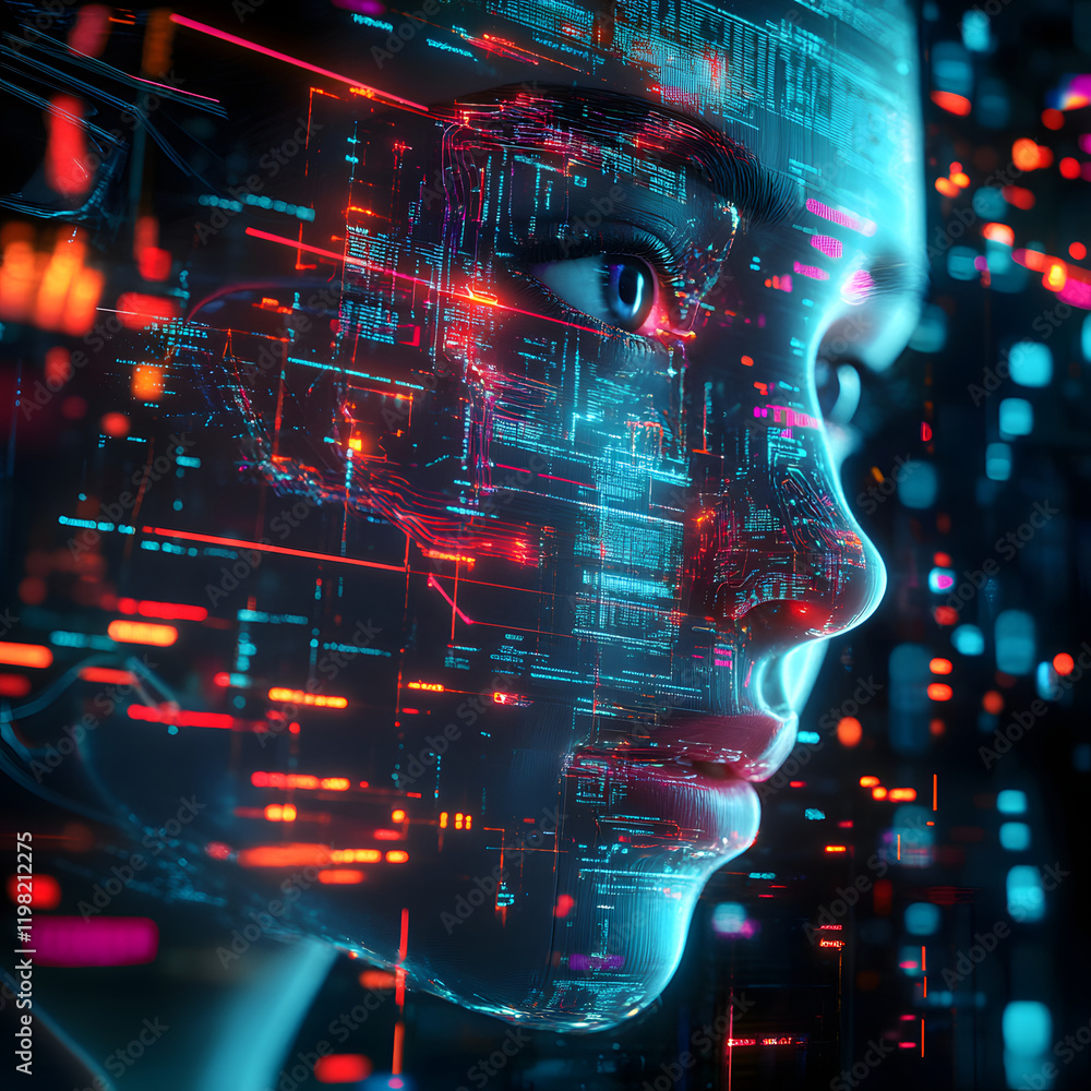 Poster image of a girl with a hologram of a digital network and connections. technological design. interact