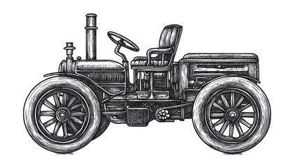 Vintage hand-drawn illustration of an antique tractor.