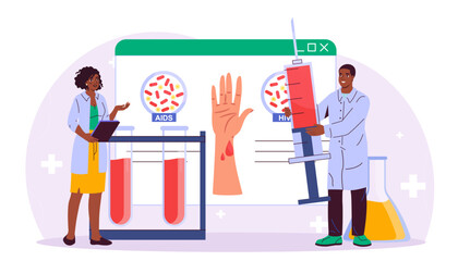 Team of endocrinologists. Man and woman in medical uniform are studying internal organs. Biology and anatomy. Medicine and healthcare. Blood test. Flat vector illustration