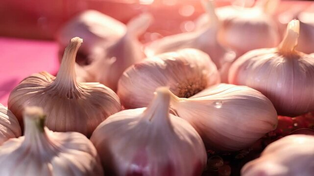 A close-up view of fresh garlic bulbs glistening with dew in soft light