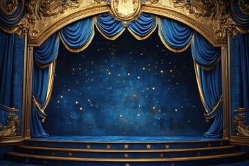 Royal blue velvet stage curtains with gold trim, starry backdrop. Ideal for theatrical, magical, or celestial themed projects.