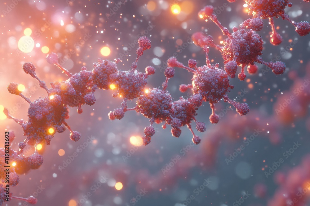 Leinwandbilder Close up view of a molecular RNA chain surrounded by viruses under a colorful background. Generative AI