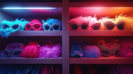 Colorful Party Glasses & Masks on Shelves
