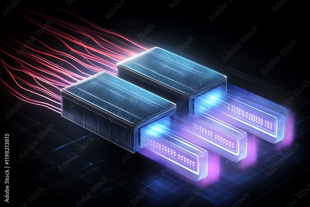 Wall mural abstract data flow: glowing rectangles with fiber optic cables on dark grid.
