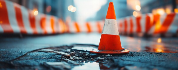 City street repair, cone near puddle, blurred background.  Use website, blog