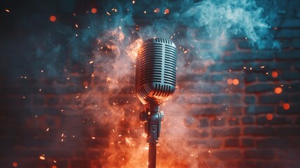 Flaming microphone on brick wall background. (1)